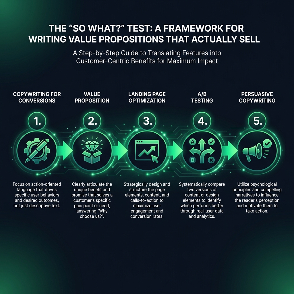 The 'So What?' Test: A Framework for Writing Value Propositions That Actually Sell infographic showing copywriting for conversions, value proposition, landing page optimization for digital marketing