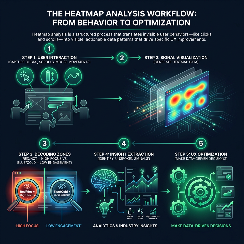 Ενημερωτικό γράφημα (infographic) διαδικασίας που παρουσιάζει τα 5 βήματα της ανάλυσης χαρτών θερμότητας (heatmap analysis). Η ροή εργασίας δείχνει την καταγραφή ενεργειών του χρήστη, όπως κλικ και κύλιση, την οπτικοποίηση σε θερμικές ζώνες (κόκκινο για υψηλή αλληλεπίδραση, μπλε για χαμηλή), την ερμηνεία των δεδομένων συμπεριφοράς και την τελική βελτιστοποίηση της εμπειρίας χρήστη (UX optimization).