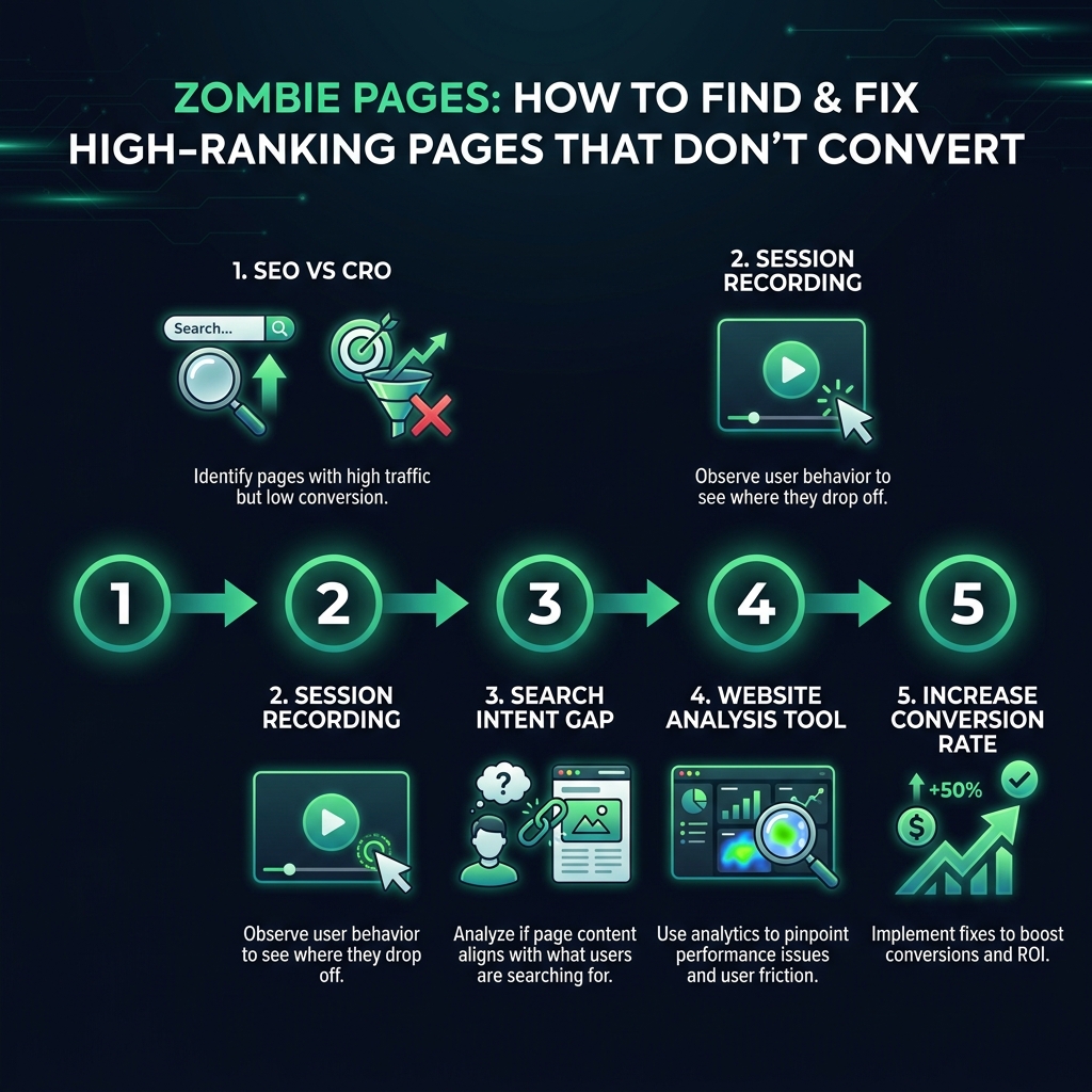Zombie Pages: How to Find & Fix High-Ranking Pages That Don't Convert infographic showing SEO vs CRO, session recording, search intent gap for digital marketing