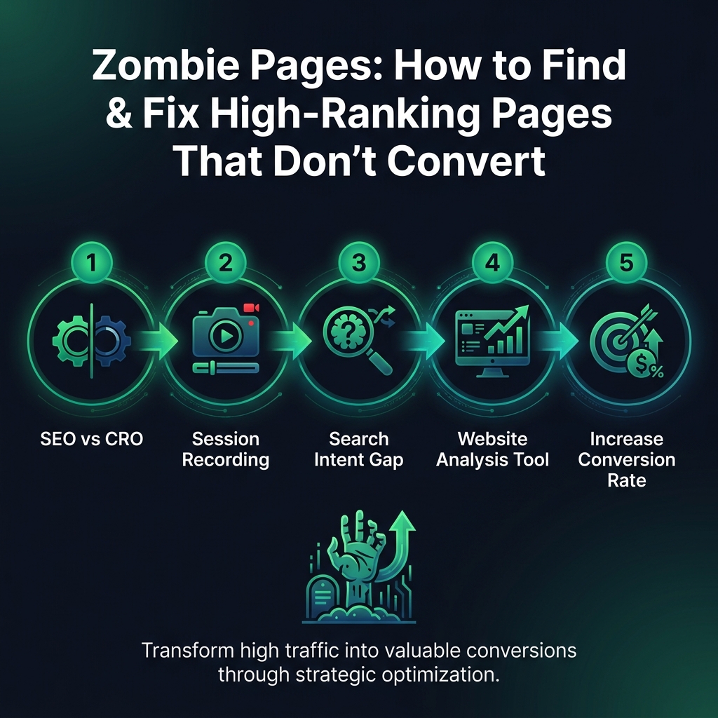 Zombie Pages: How to Find & Fix High-Ranking Pages That Don't Convert infographic showing SEO vs CRO, session recording, search intent gap for digital marketing
