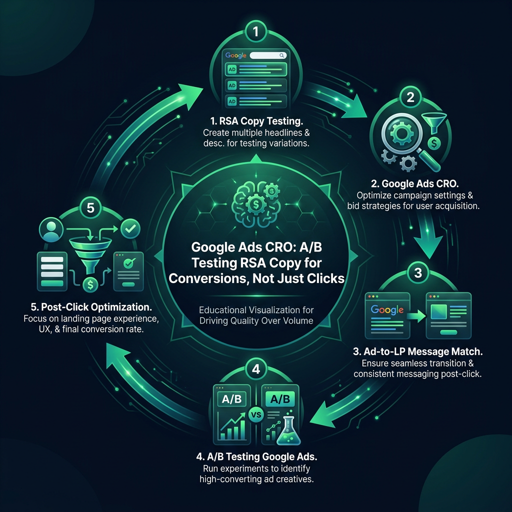 Google Ads CRO: A/B Testing RSA Copy for Conversions, Not Just Clicks infographic showing RSA copy testing, Google Ads CRO, ad-to-LP message match for digital marketing