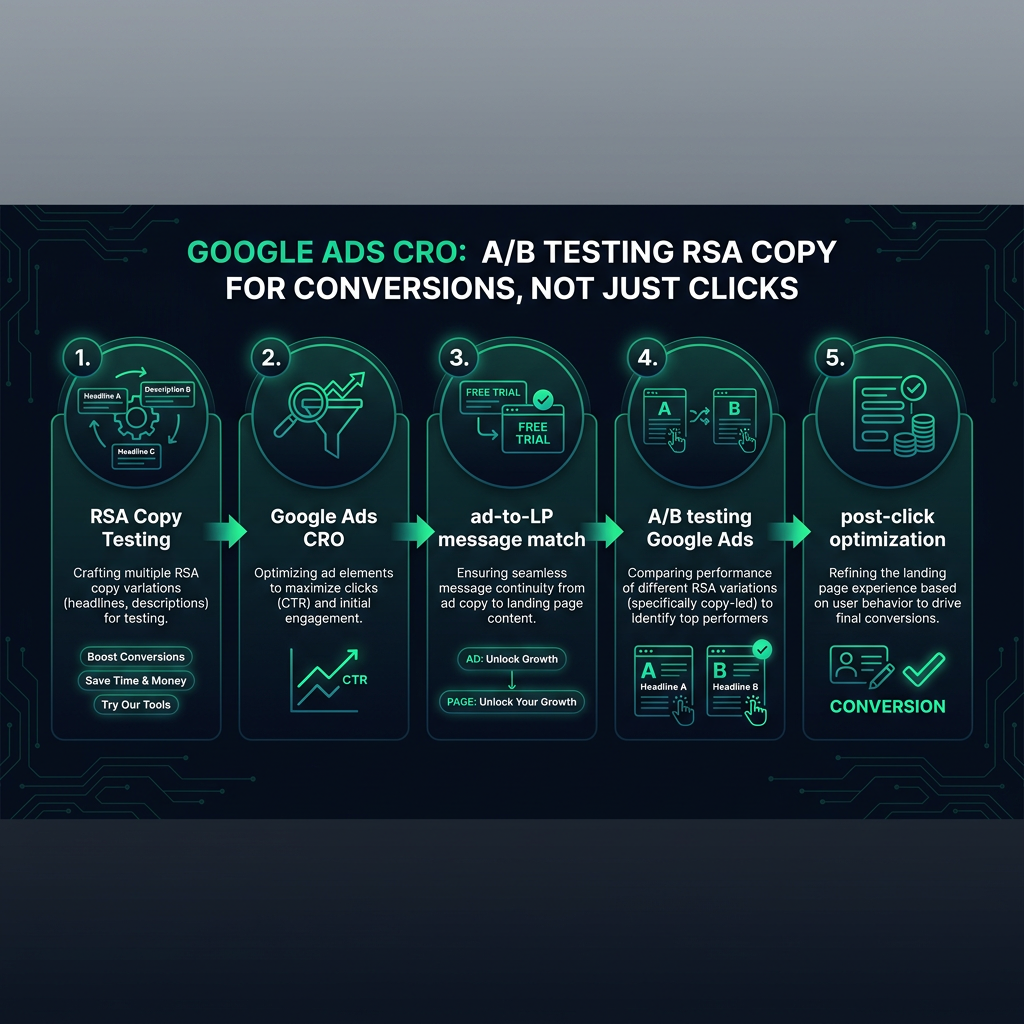 Google Ads CRO: A/B Testing RSA Copy for Conversions, Not Just Clicks infographic showing RSA copy testing, Google Ads CRO, ad-to-LP message match for digital marketing