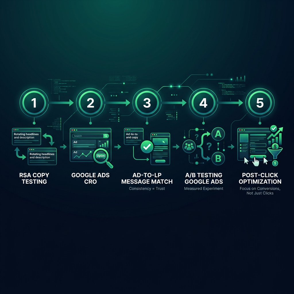 Google Ads CRO: A/B Testing RSA Copy for Conversions, Not Just Clicks infographic showing RSA copy testing, Google Ads CRO, ad-to-LP message match for digital marketing