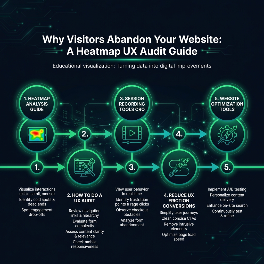 Why Visitors Abandon Your Website: A Heatmap UX Audit Guide infographic showing heatmap analysis guide, how to do a UX audit, session recording tools CRO for digital marketing