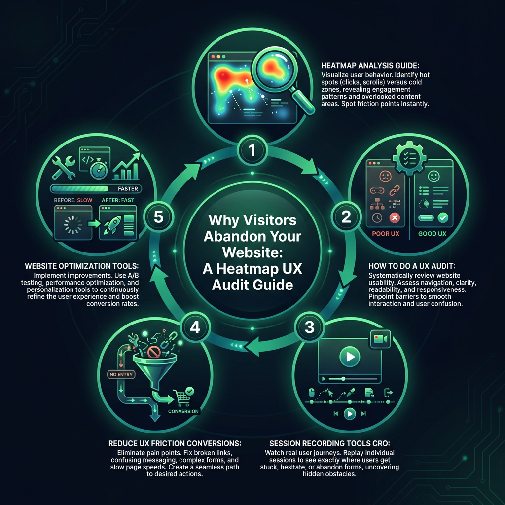 Why Visitors Abandon Your Website: A Heatmap UX Audit Guide infographic showing heatmap analysis guide, how to do a UX audit, session recording tools CRO for digital marketing