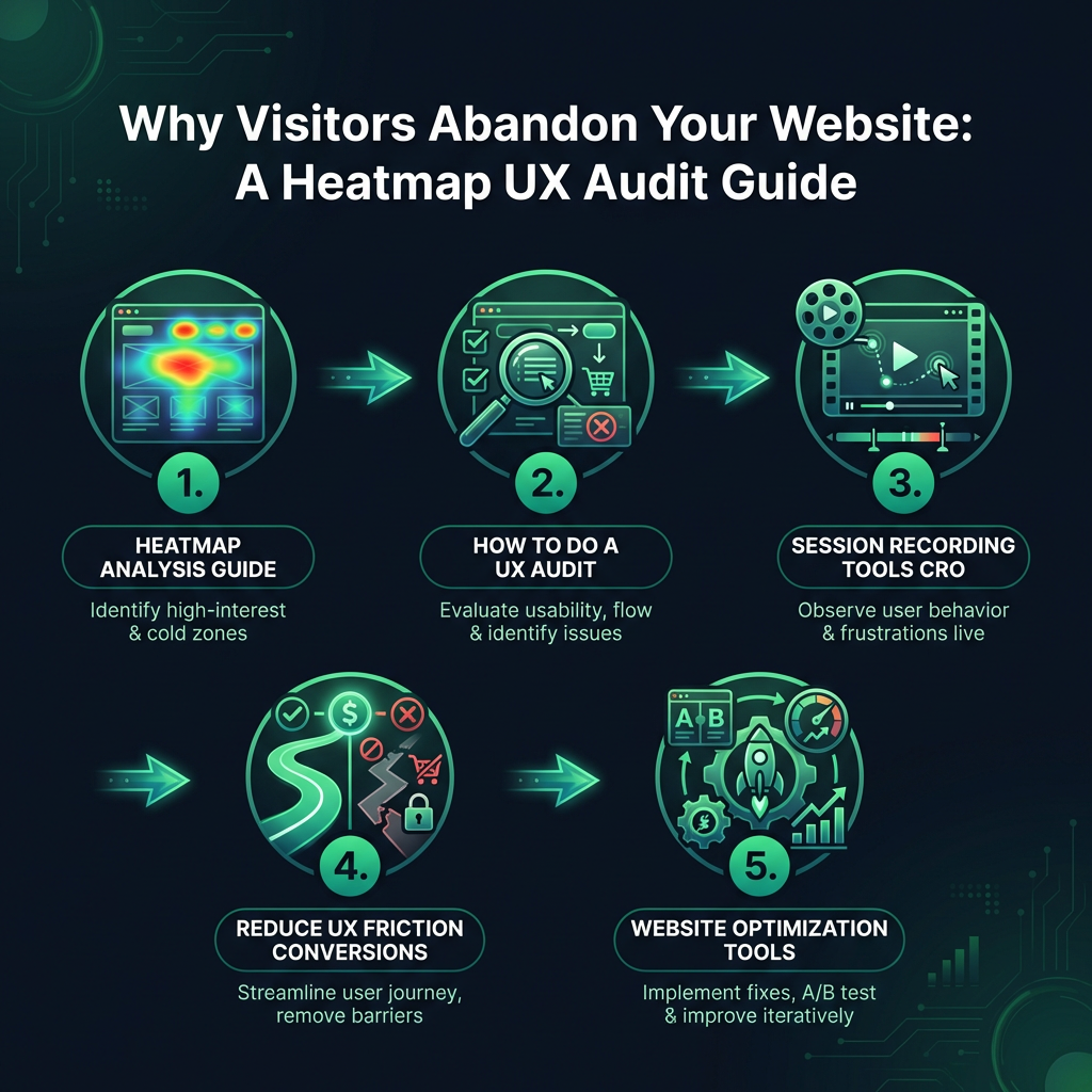 Why Visitors Abandon Your Website: A Heatmap UX Audit Guide infographic showing heatmap analysis guide, how to do a UX audit, session recording tools CRO for digital marketing