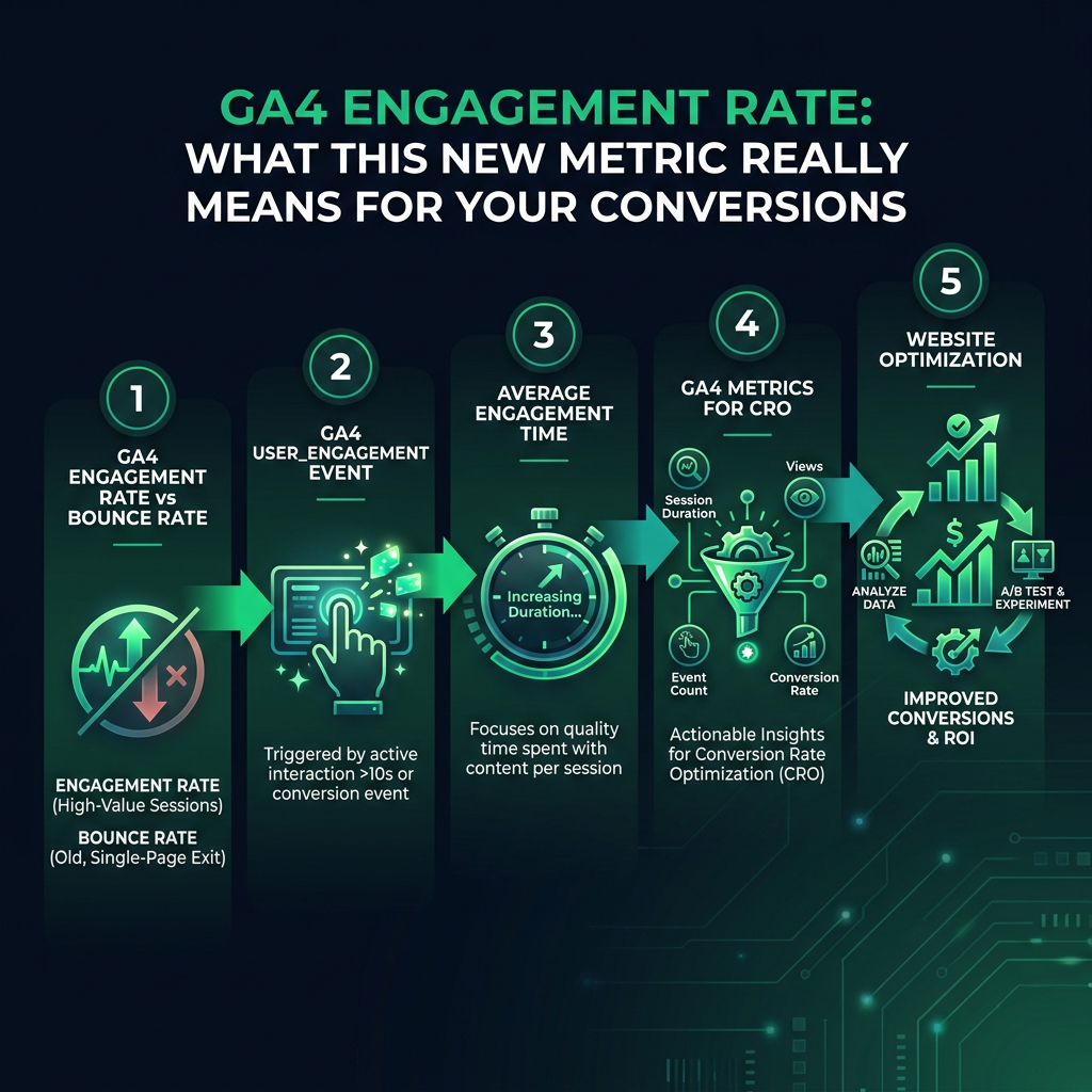 GA4 Engagement Rate: What This New Metric Really Means for Your Conversions infographic showing GA4 engagement rate vs bounce rate, GA4 user_engagement event, average engagement time for digital marketing