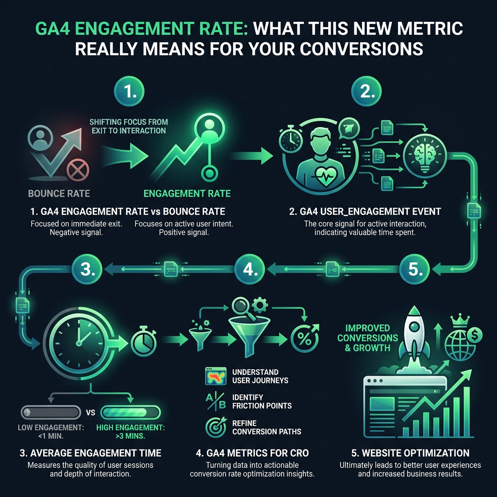 GA4 Engagement Rate: What This New Metric Really Means for Your Conversions infographic showing GA4 engagement rate vs bounce rate, GA4 user_engagement event, average engagement time for digital marketing