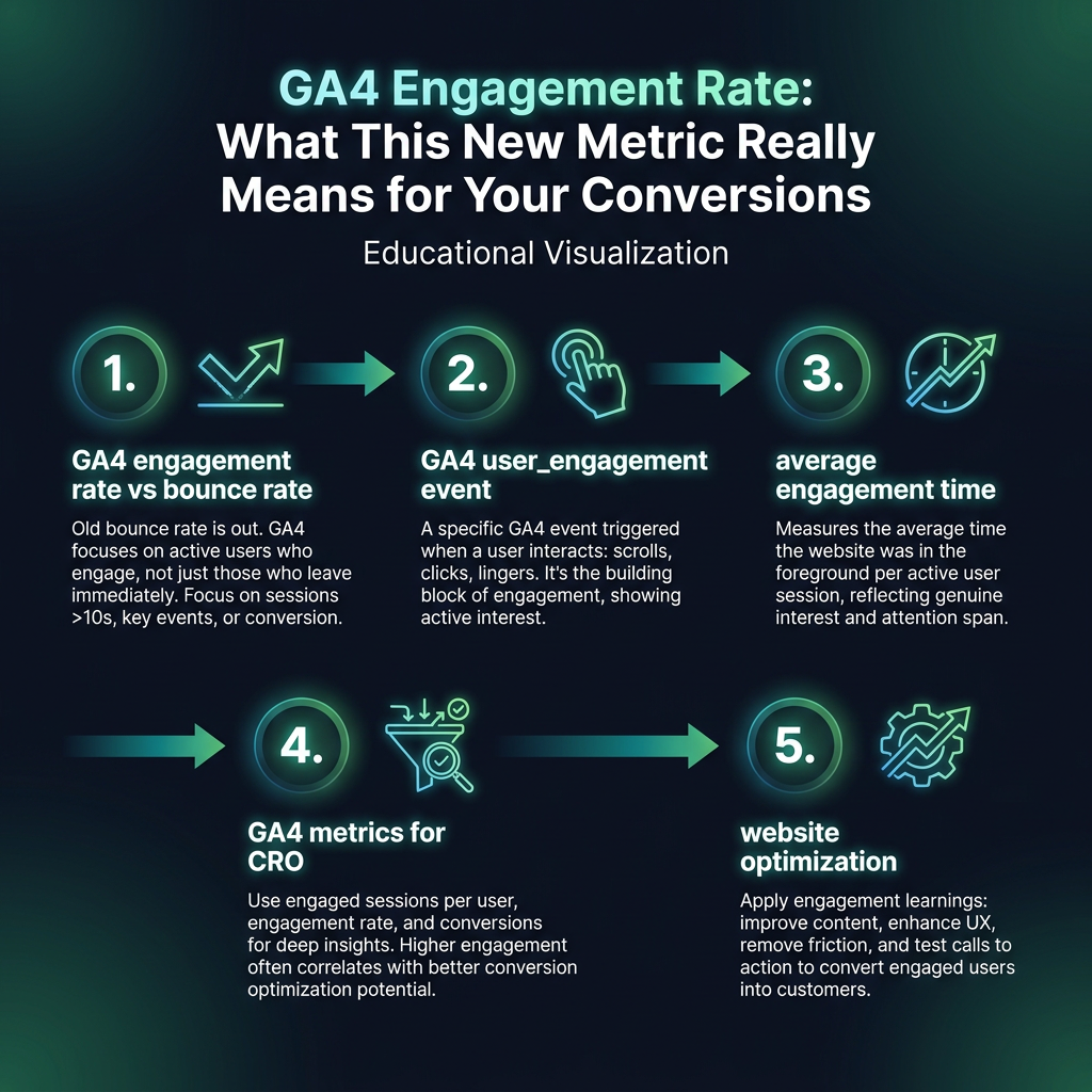 GA4 Engagement Rate: What This New Metric Really Means for Your Conversions infographic showing GA4 engagement rate vs bounce rate, GA4 user_engagement event, average engagement time for digital marketing