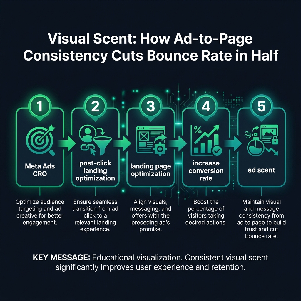 Visual Scent: How Ad-to-Page Consistency Cuts Bounce Rate in Half infographic showing Meta Ads CRO, post-click landing optimization, landing page optimization for digital marketing