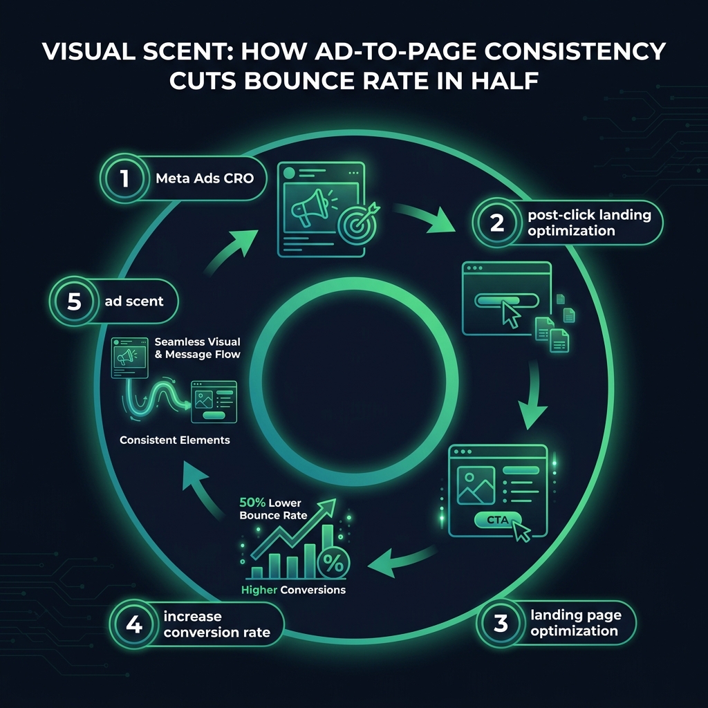Visual Scent: How Ad-to-Page Consistency Cuts Bounce Rate in Half infographic showing Meta Ads CRO, post-click landing optimization, landing page optimization for digital marketing