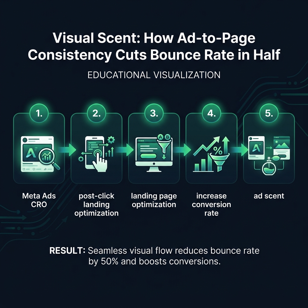 Visual Scent: How Ad-to-Page Consistency Cuts Bounce Rate in Half infographic showing Meta Ads CRO, post-click landing optimization, landing page optimization for digital marketing