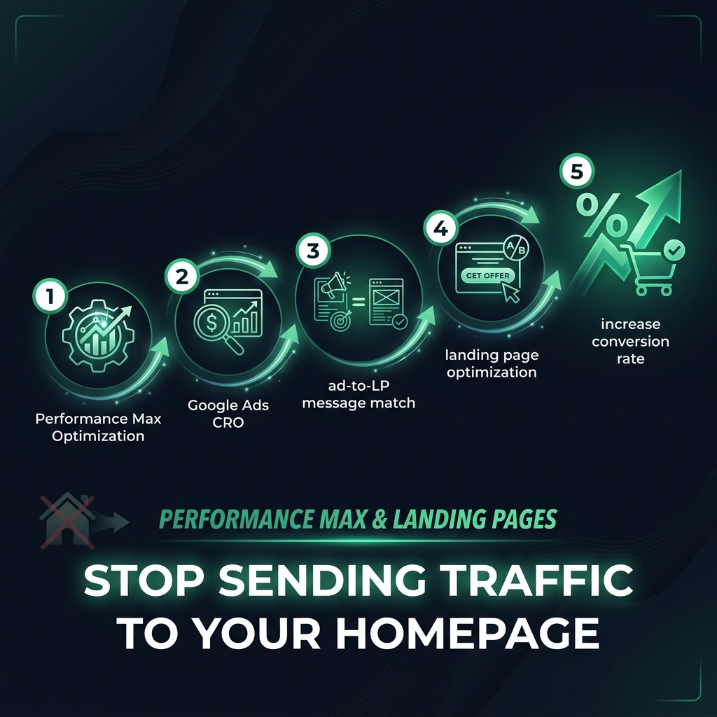 Performance Max & Landing Pages: Stop Sending Traffic to Your Homepage infographic showing Performance Max optimization, Google Ads CRO, ad-to-LP message match for digital marketing