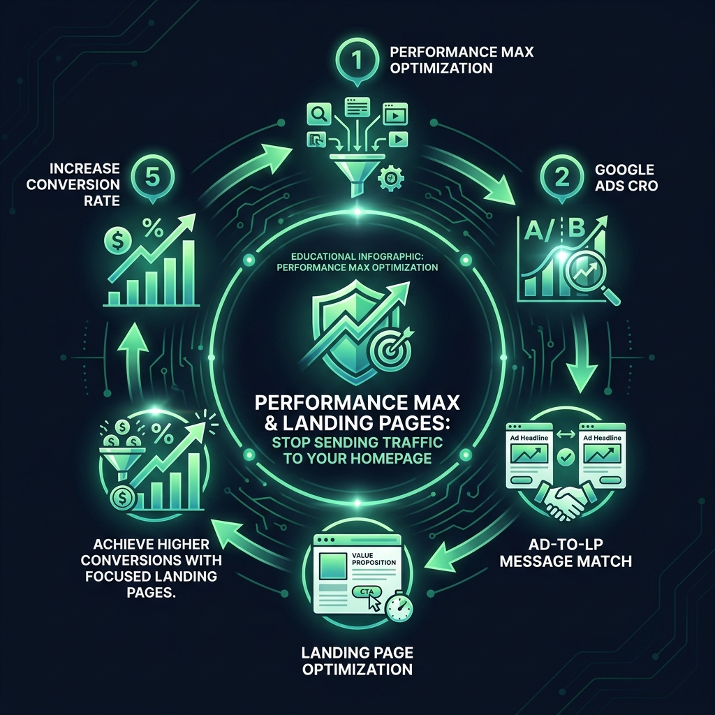 Performance Max & Landing Pages: Stop Sending Traffic to Your Homepage infographic showing Performance Max optimization, Google Ads CRO, ad-to-LP message match for digital marketing