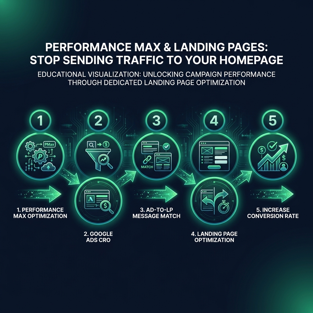 Performance Max & Landing Pages: Stop Sending Traffic to Your Homepage infographic showing Performance Max optimization, Google Ads CRO, ad-to-LP message match for digital marketing