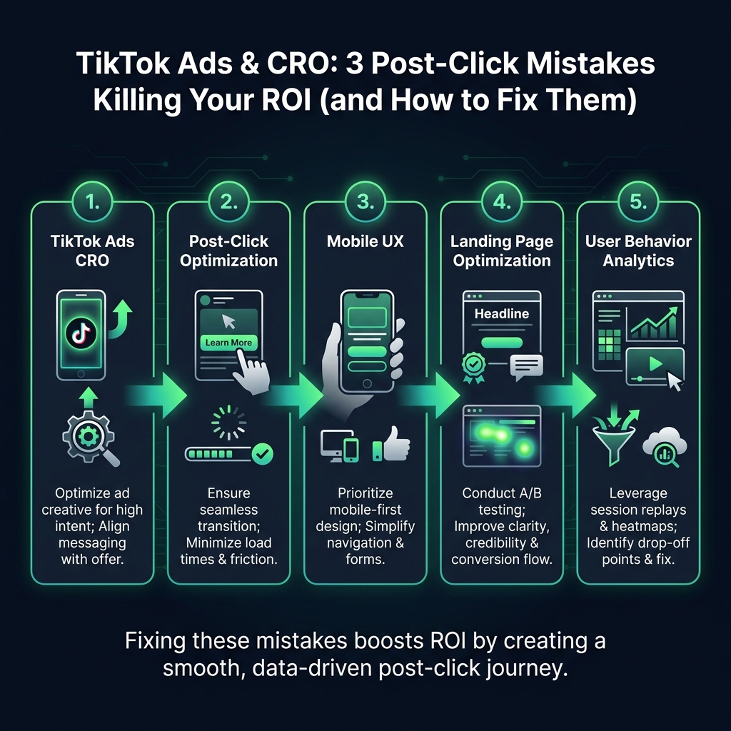 TikTok Ads & CRO: 3 Post-Click Mistakes Killing Your ROI (and How to Fix Them) infographic showing TikTok Ads CRO, post-click optimization, mobile UX for digital marketing
