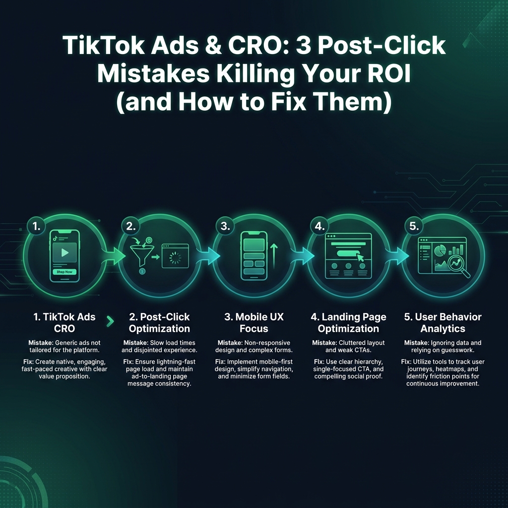 TikTok Ads & CRO: 3 Post-Click Mistakes Killing Your ROI (and How to Fix Them) infographic showing TikTok Ads CRO, post-click optimization, mobile UX for digital marketing