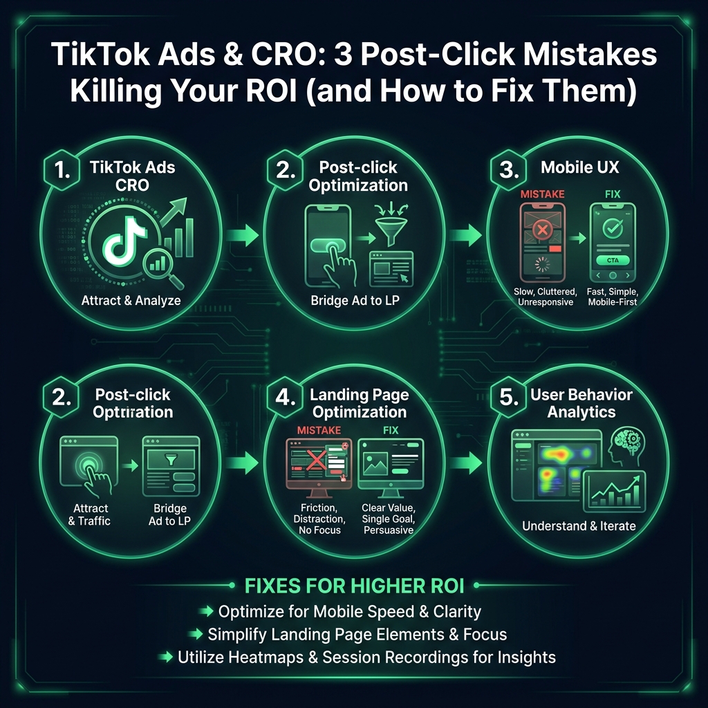 TikTok Ads & CRO: 3 Post-Click Mistakes Killing Your ROI (and How to Fix Them) infographic showing TikTok Ads CRO, post-click optimization, mobile UX for digital marketing