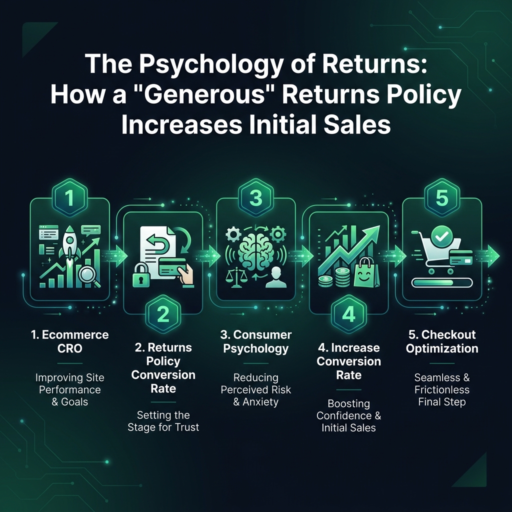 The Psychology of Returns: How a 'Generous' Returns Policy Increases Initial Sales infographic showing ecommerce CRO, returns policy conversion rate, consumer psychology for digital marketing