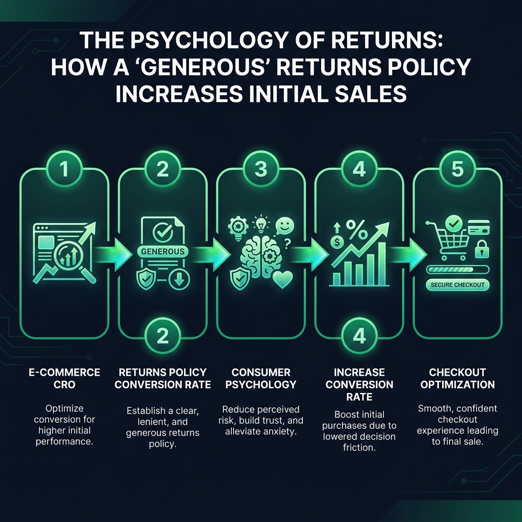 The Psychology of Returns: How a 'Generous' Returns Policy Increases Initial Sales infographic showing ecommerce CRO, returns policy conversion rate, consumer psychology for digital marketing