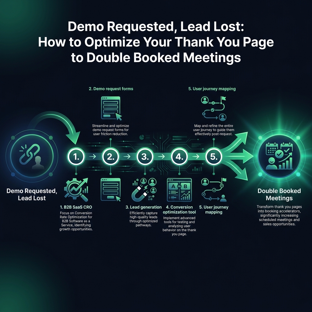 Demo Requested, Lead Lost: How to Optimize Your Thank You Page to Double Booked Meetings infographic showing B2B SaaS CRO, demo request forms, lead generation for digital marketing