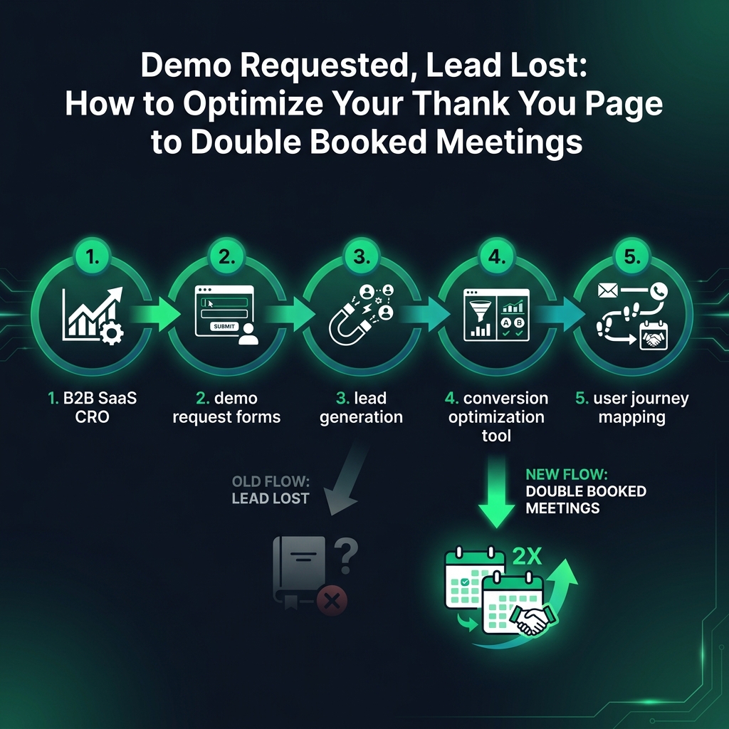 Demo Requested, Lead Lost: How to Optimize Your Thank You Page to Double Booked Meetings infographic showing B2B SaaS CRO, demo request forms, lead generation for digital marketing