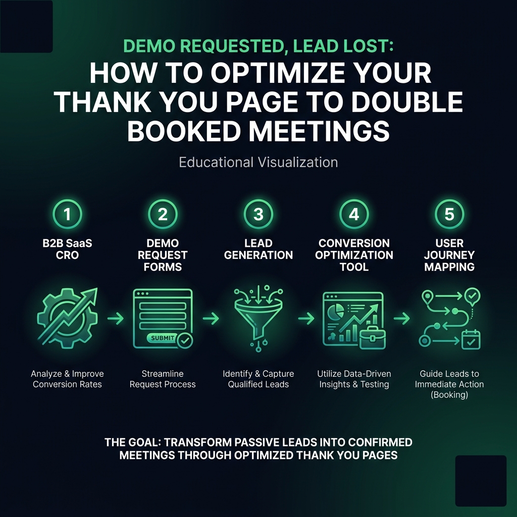 Demo Requested, Lead Lost: How to Optimize Your Thank You Page to Double Booked Meetings infographic showing B2B SaaS CRO, demo request forms, lead generation for digital marketing