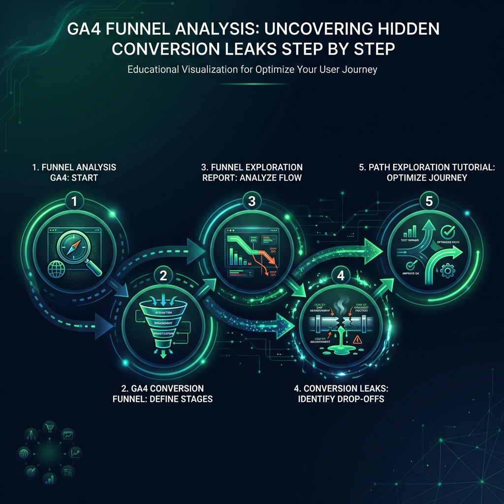 GA4 Funnel Analysis: Uncovering Hidden Conversion Leaks Step by Step infographic showing funnel analysis GA4 Ελλάδα, GA4 conversion funnel, funnel exploration report for digital marketing