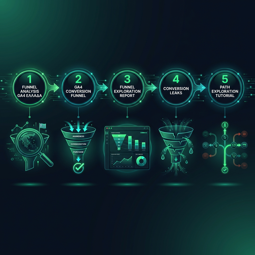 GA4 Funnel Analysis: Uncovering Hidden Conversion Leaks Step by Step infographic showing funnel analysis GA4 Ελλάδα, GA4 conversion funnel, funnel exploration report for digital marketing
