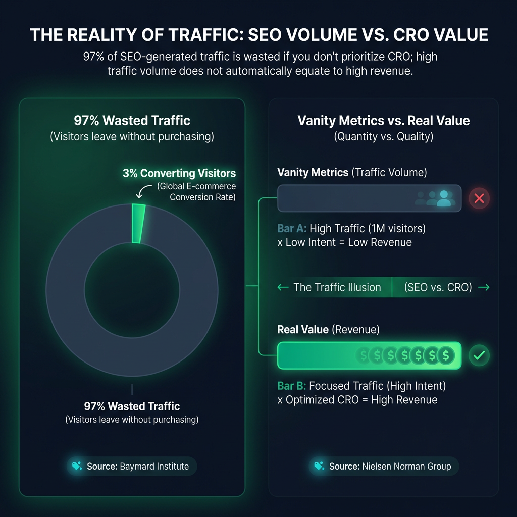 Στατιστικό γράφημα που συγκρίνει το SEO με το CRO. Αριστερά, ένα κυκλικό διάγραμμα δείχνει ότι το μέσο ποσοστό μετατροπής (conversion rate) είναι μόνο 3%, ενώ το 97% των επισκεπτών φεύγουν χωρίς να αγοράσουν, σύμφωνα με το Baymard Institute. Δεξιά, ένα ραβδόγραμμα συγκρίνει την ποσότητα κίνησης με την ποιότητα, δείχνοντας ότι η βελτιστοποίηση CRO φέρνει περισσότερα έσοδα από την απλή αύξηση της επισκεψιμότητας, βασισμένο σε δεδομένα του Nielsen Norman Group.