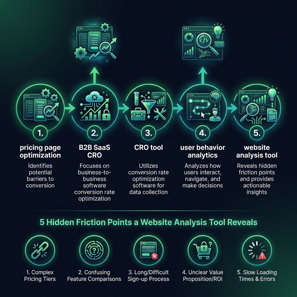 Why Your Pricing Page Is Losing Customers: 5 Hidden Friction Points a Website Analysis Tool Reveals infographic showing pricing page optimization, B2B SaaS CRO, CRO tool for digital marketing