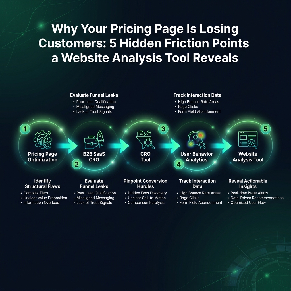 Why Your Pricing Page Is Losing Customers: 5 Hidden Friction Points a Website Analysis Tool Reveals infographic showing pricing page optimization, B2B SaaS CRO, CRO tool for digital marketing