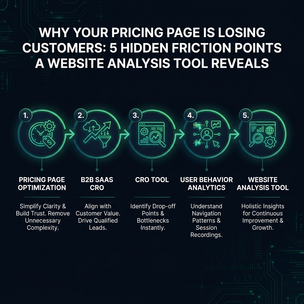 Why Your Pricing Page Is Losing Customers: 5 Hidden Friction Points a Website Analysis Tool Reveals infographic showing pricing page optimization, B2B SaaS CRO, CRO tool for digital marketing