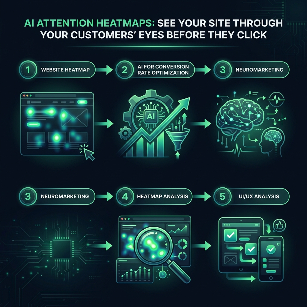 AI Attention Heatmaps: See Your Site Through Your Customers' Eyes Before They Click infographic showing website heatmap, AI for conversion rate optimization, neuromarketing for digital marketing