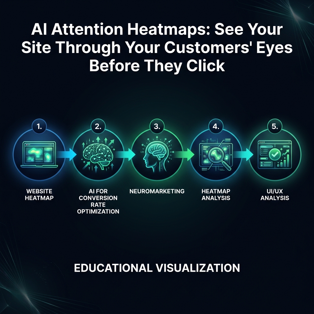 AI Attention Heatmaps: See Your Site Through Your Customers' Eyes Before They Click infographic showing website heatmap, AI for conversion rate optimization, neuromarketing for digital marketing