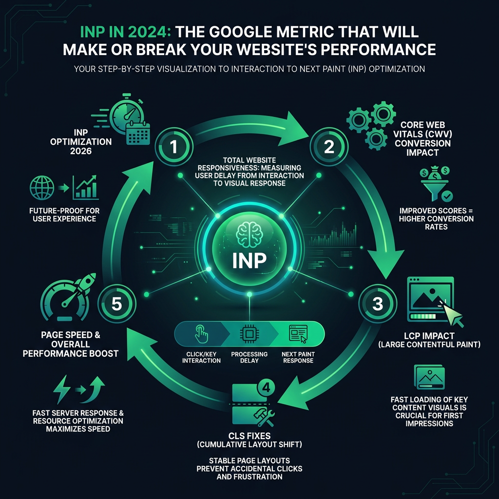 INP in 2024: The Google Metric That Will Make or Break Your Website's Performance infographic showing INP optimization 2026, Core Web Vitals conversion impact, LCP impact for digital marketing