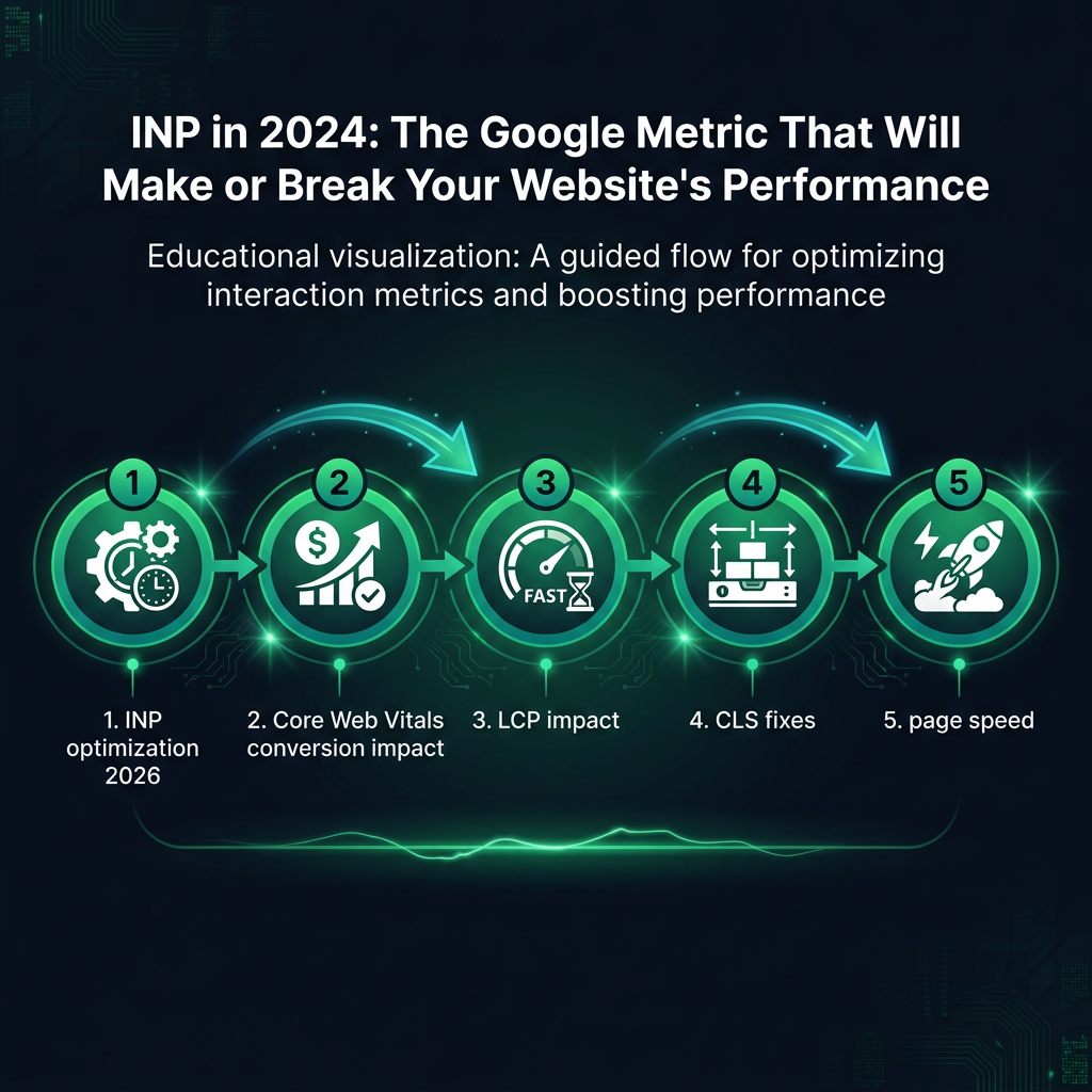 INP in 2024: The Google Metric That Will Make or Break Your Website's Performance infographic showing INP optimization 2026, Core Web Vitals conversion impact, LCP impact for digital marketing