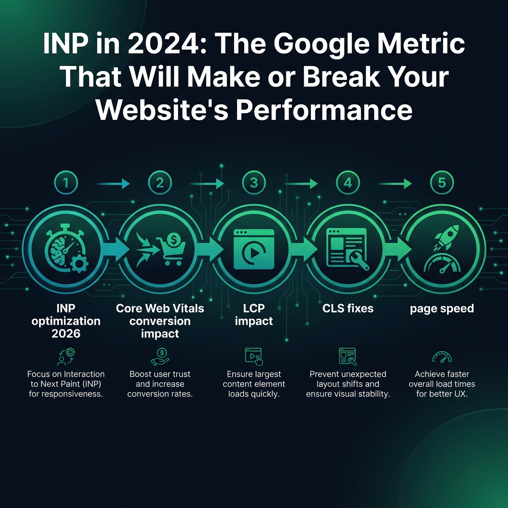 INP in 2024: The Google Metric That Will Make or Break Your Website's Performance infographic showing INP optimization 2026, Core Web Vitals conversion impact, LCP impact for digital marketing
