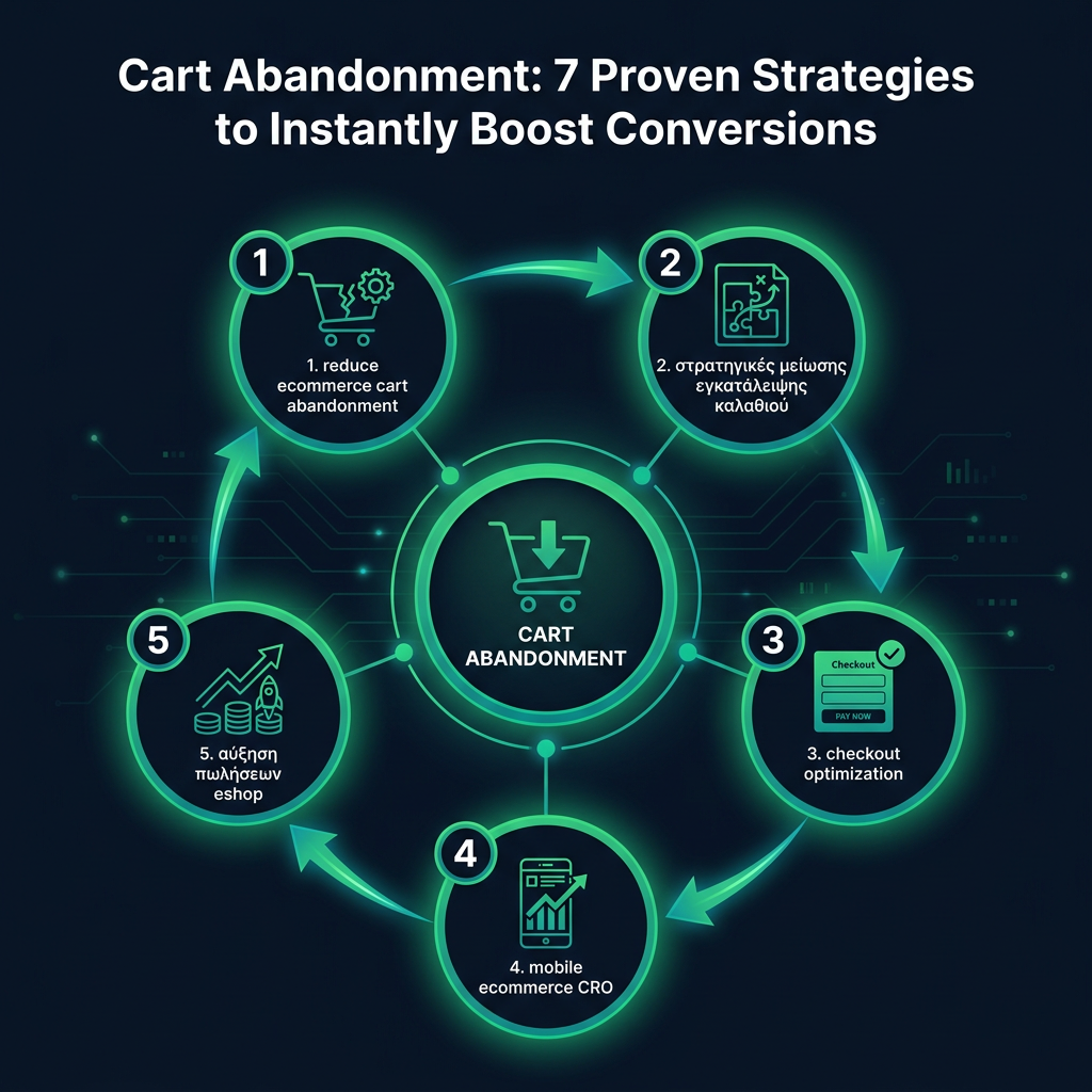 Cart Abandonment: 7 Proven Strategies to Instantly Boost Conversions infographic showing reduce ecommerce cart abandonment, στρατηγικές μείωσης εγκατάλειψης καλαθιού, checkout optimization for digital marketing