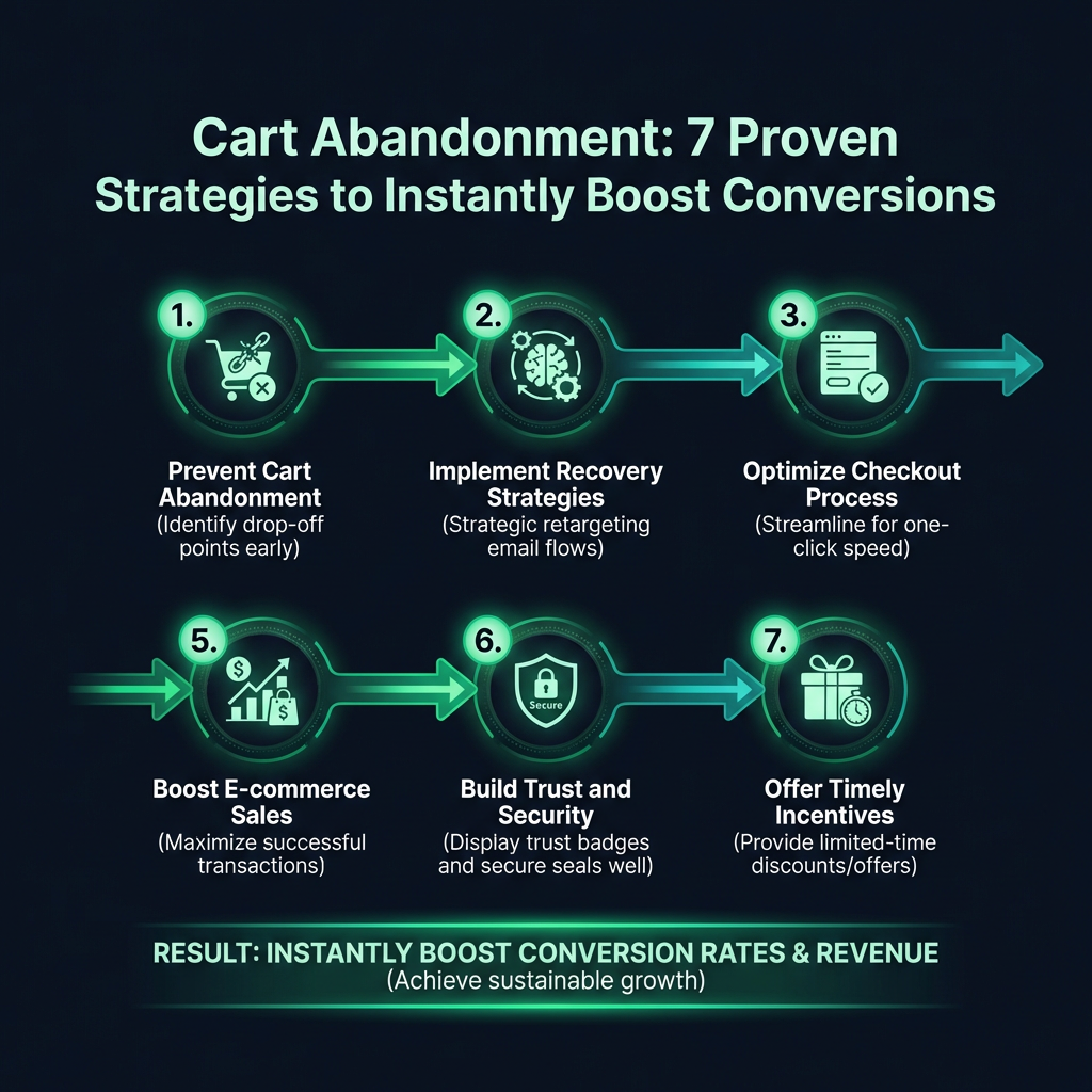 Cart Abandonment: 7 Proven Strategies to Instantly Boost Conversions infographic showing reduce ecommerce cart abandonment, στρατηγικές μείωσης εγκατάλειψης καλαθιού, checkout optimization for digital marketing