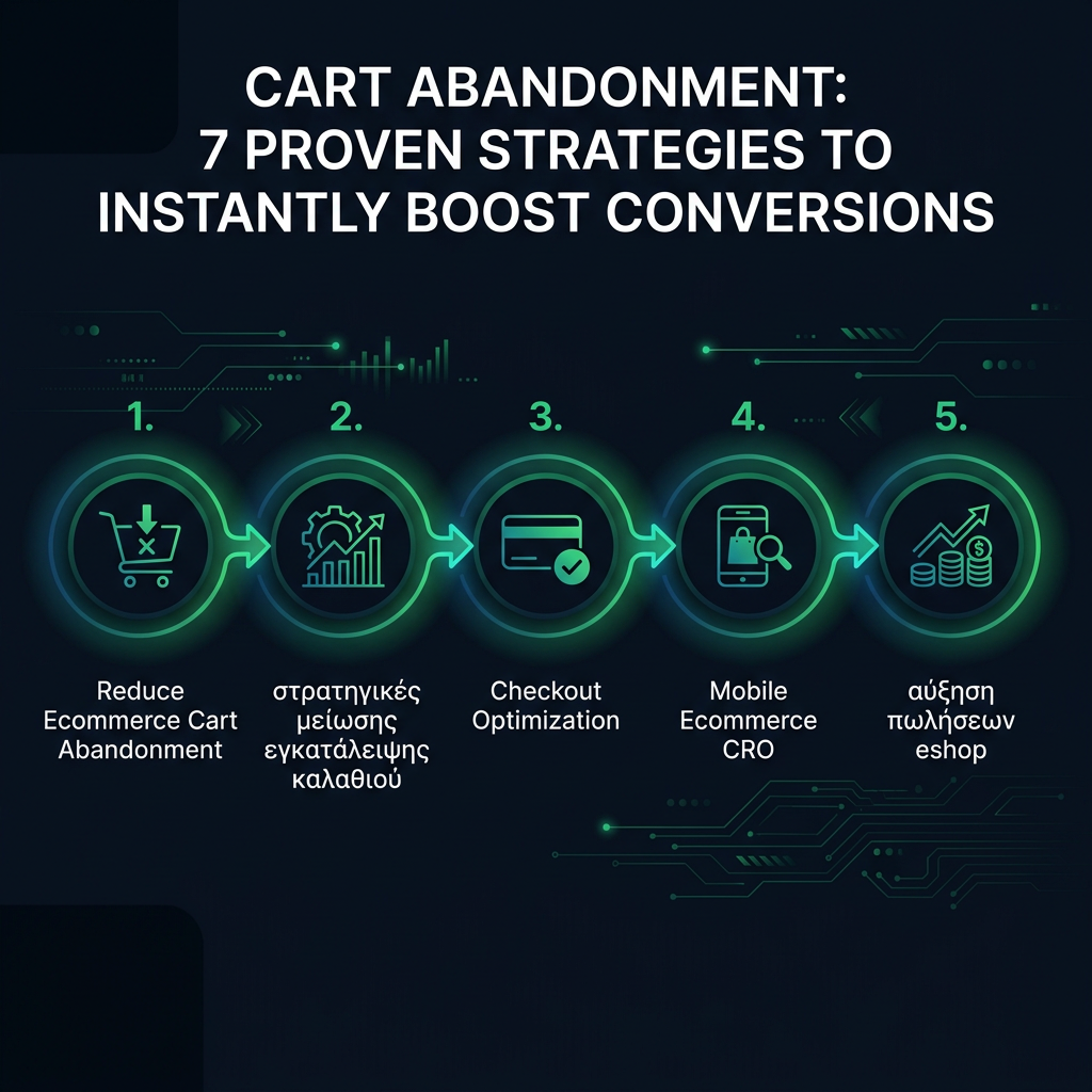 Cart Abandonment: 7 Proven Strategies to Instantly Boost Conversions infographic showing reduce ecommerce cart abandonment, στρατηγικές μείωσης εγκατάλειψης καλαθιού, checkout optimization for digital marketing