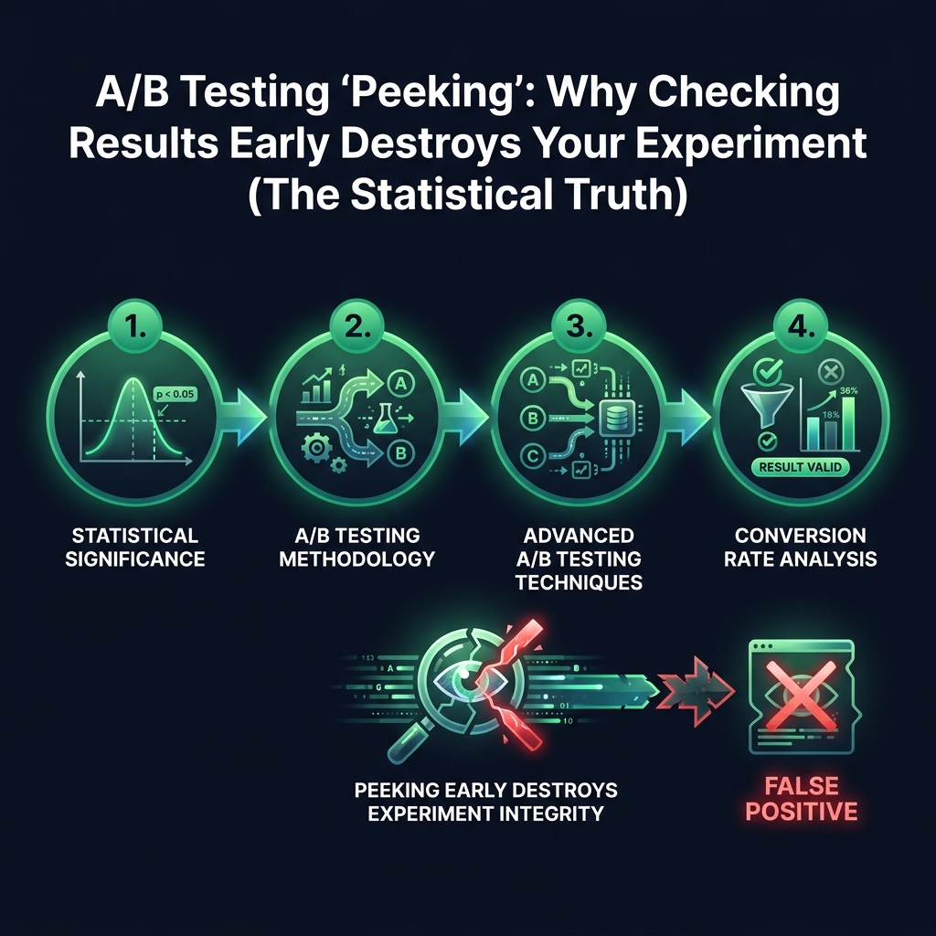 A/B Testing 'Peeking': Why Checking Results Early Destroys Your Experiment (The Statistical Truth) infographic showing statistical significance, A/B testing methodology, advanced A/B testing techniques for digital marketing