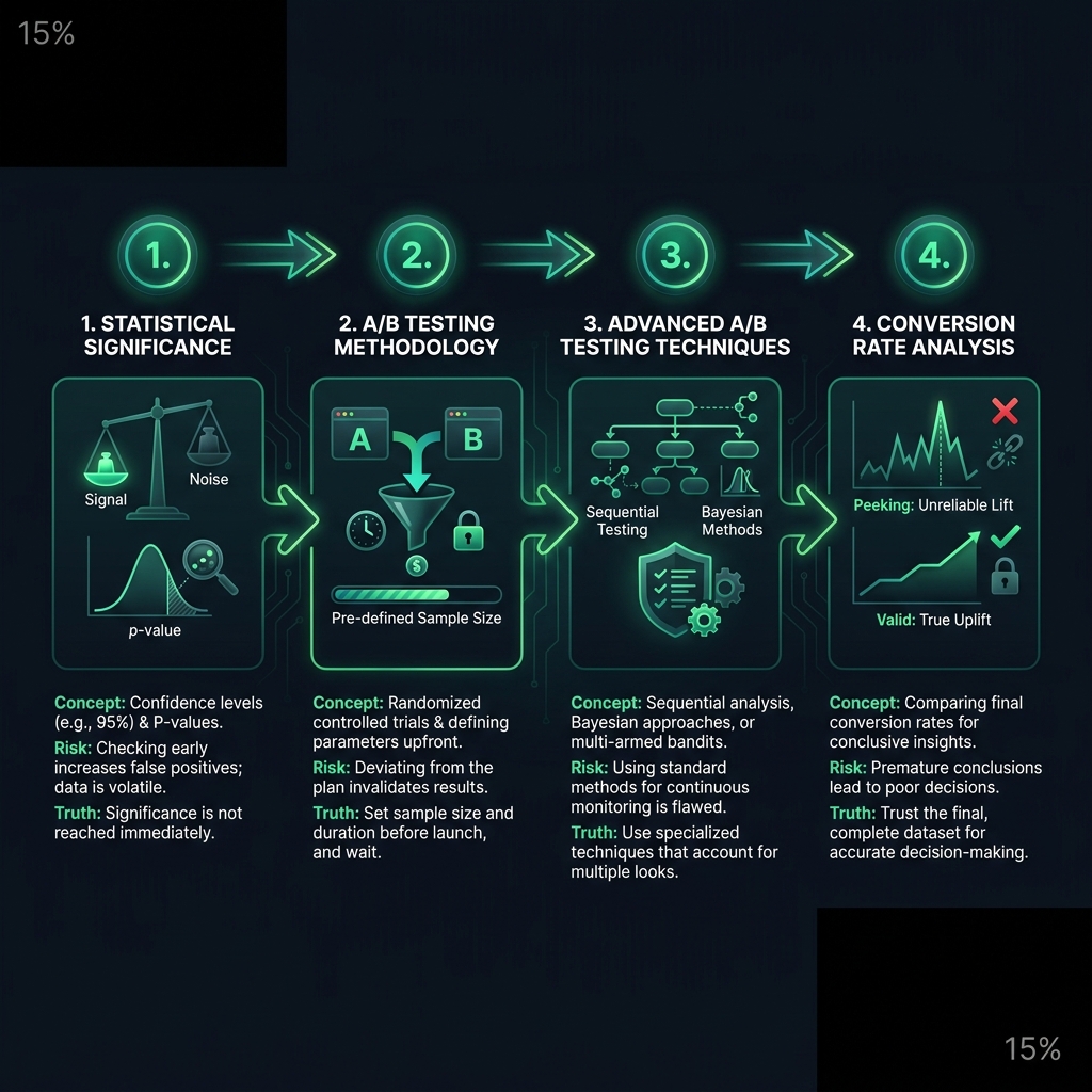 A/B Testing 'Peeking': Why Checking Results Early Destroys Your Experiment (The Statistical Truth) infographic showing statistical significance, A/B testing methodology, advanced A/B testing techniques for digital marketing