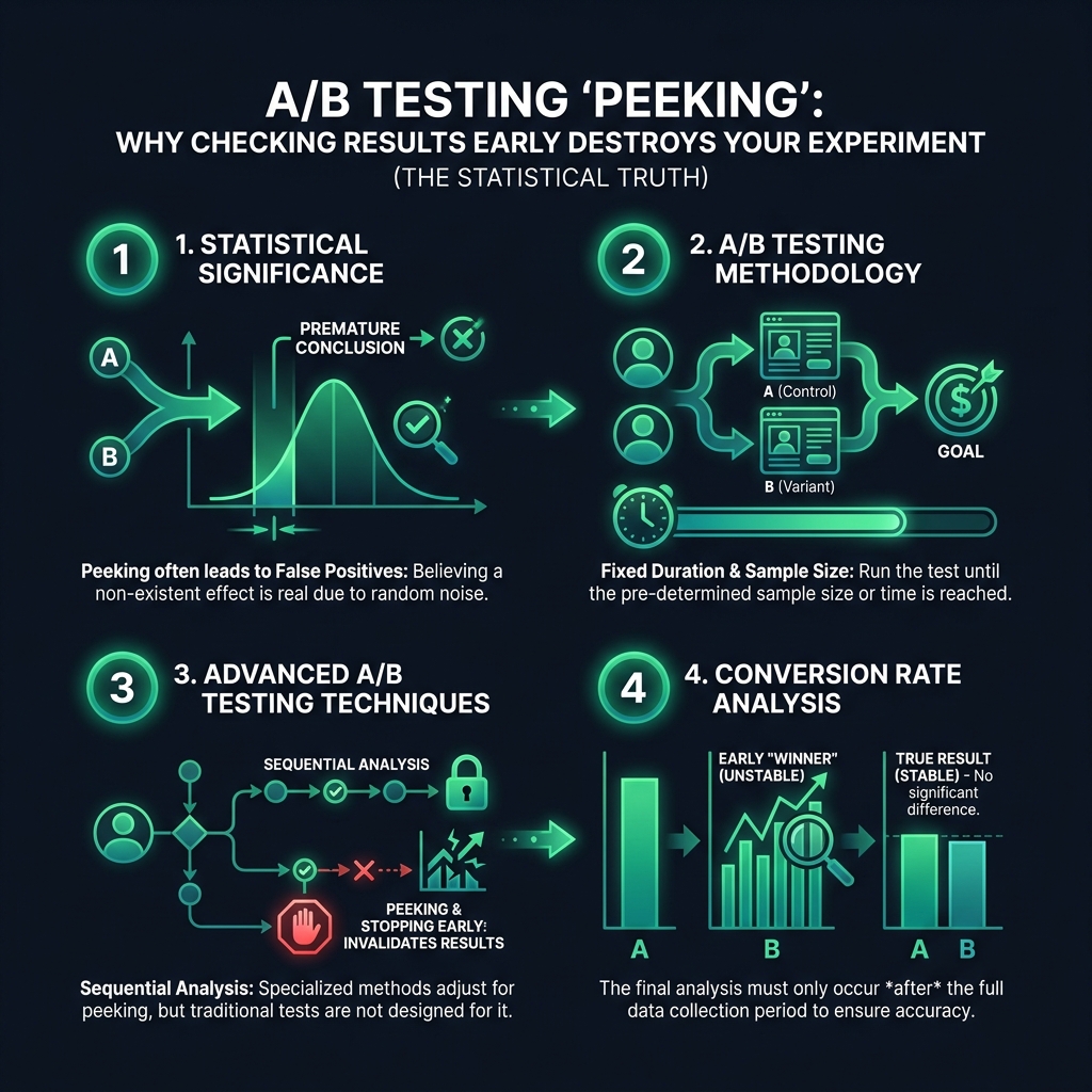 A/B Testing 'Peeking': Why Checking Results Early Destroys Your Experiment (The Statistical Truth) infographic showing statistical significance, A/B testing methodology, advanced A/B testing techniques for digital marketing