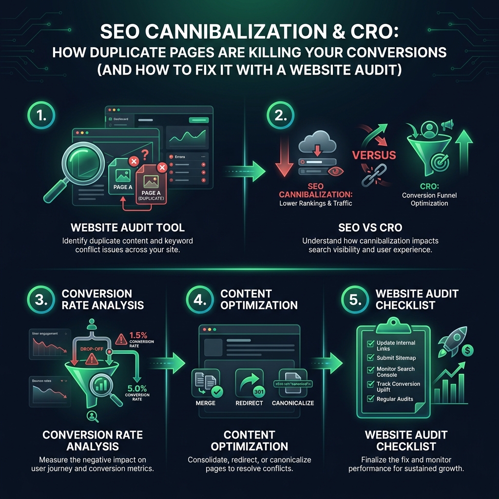 SEO Cannibalization & CRO: How Duplicate Pages Are Killing Your Conversions (And How to Fix It with a Website Audit) infographic showing website audit tool, SEO vs CRO, conversion rate analysis for digital marketing