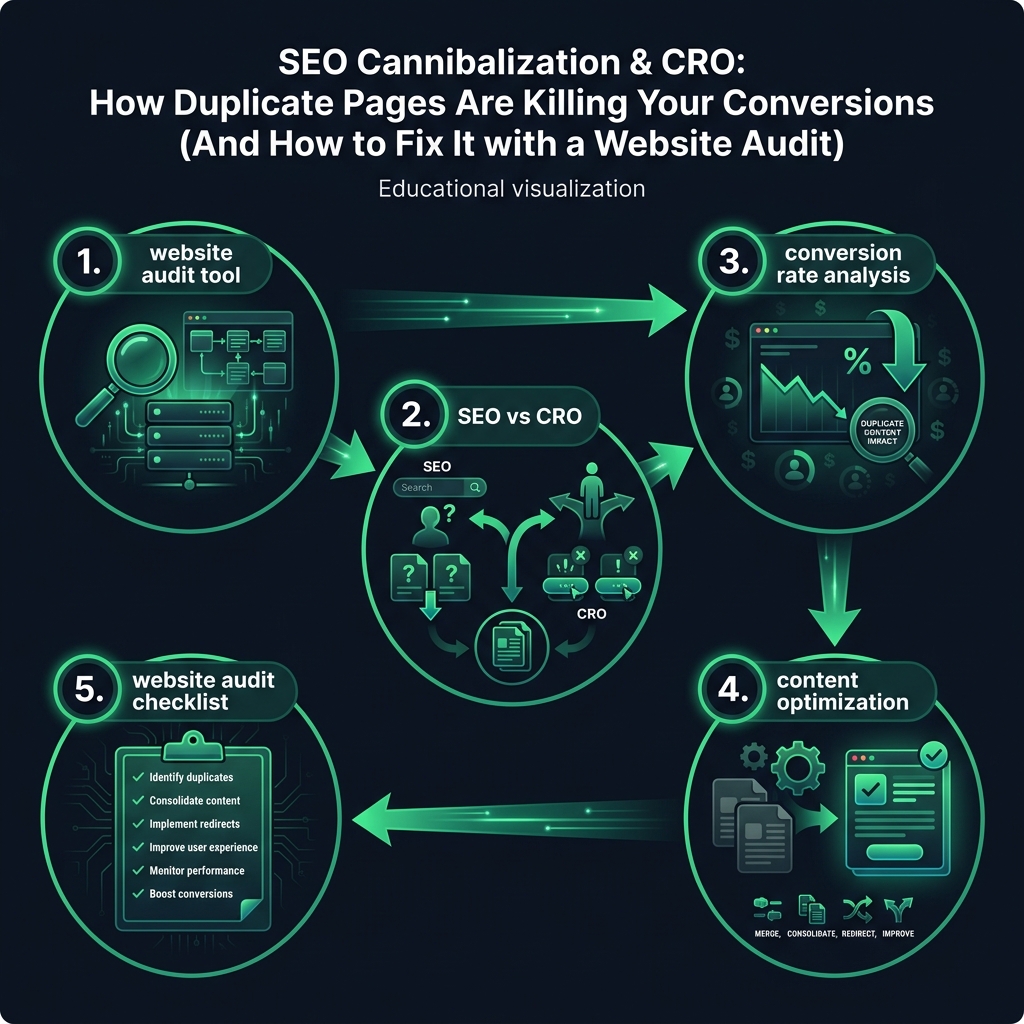 SEO Cannibalization & CRO: How Duplicate Pages Are Killing Your Conversions (And How to Fix It with a Website Audit) infographic showing website audit tool, SEO vs CRO, conversion rate analysis for digital marketing