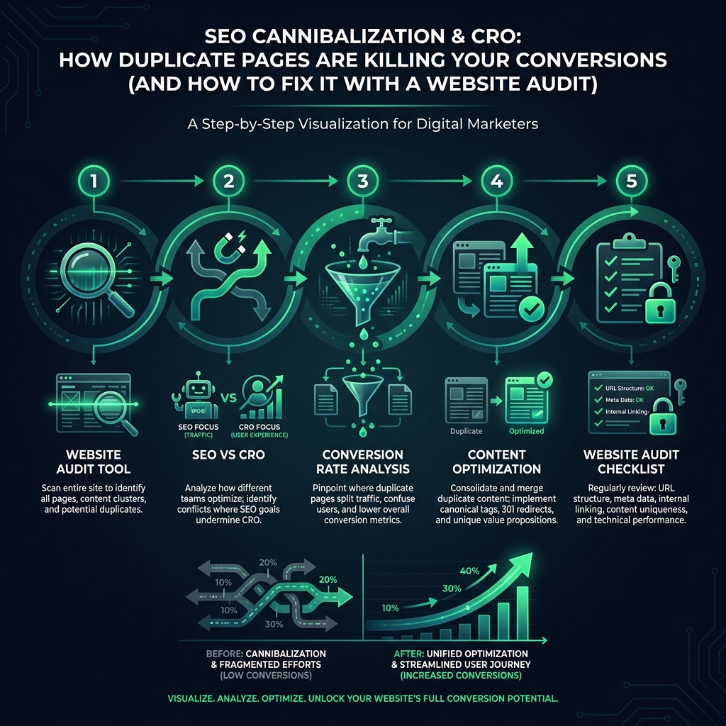 SEO Cannibalization & CRO: How Duplicate Pages Are Killing Your Conversions (And How to Fix It with a Website Audit) infographic showing website audit tool, SEO vs CRO, conversion rate analysis for digital marketing