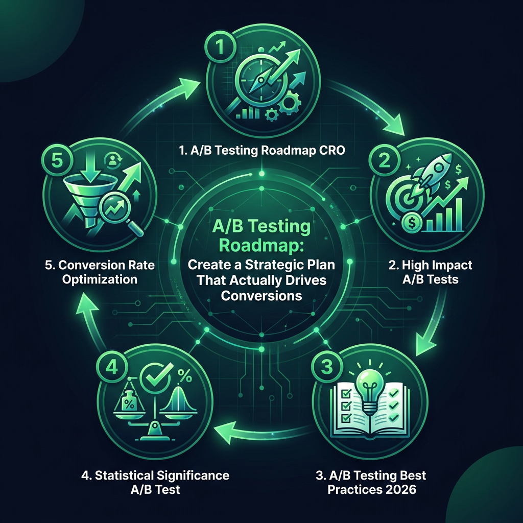 A/B Testing Roadmap: Create a Strategic Plan That Actually Drives Conversions infographic showing A/B testing roadmap CRO, high impact A/B tests, A/B testing best practices 2026 for digital marketing
