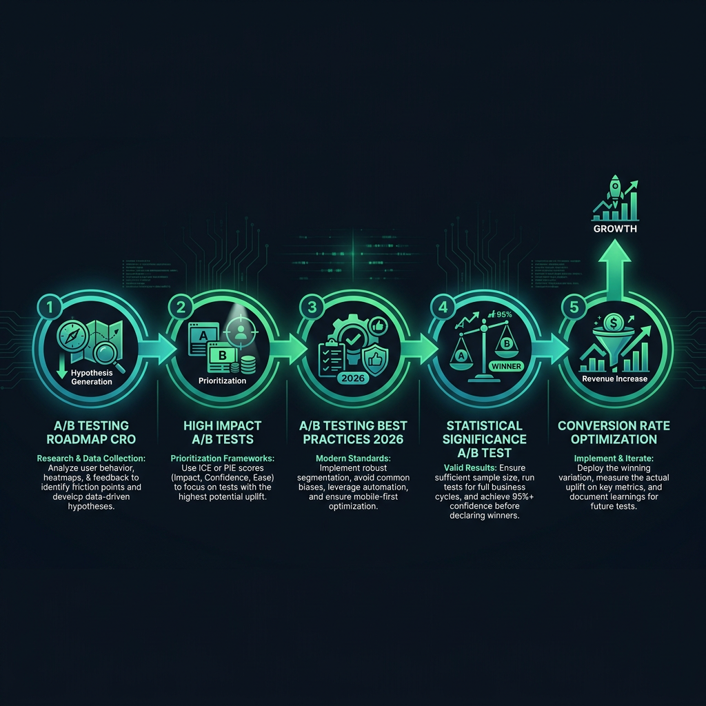 A/B Testing Roadmap: Create a Strategic Plan That Actually Drives Conversions infographic showing A/B testing roadmap CRO, high impact A/B tests, A/B testing best practices 2026 for digital marketing