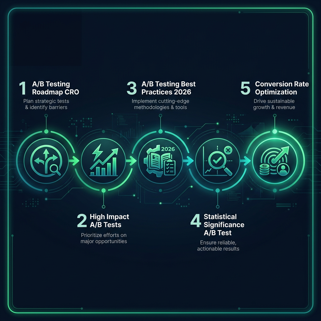 A/B Testing Roadmap: Create a Strategic Plan That Actually Drives Conversions infographic showing A/B testing roadmap CRO, high impact A/B tests, A/B testing best practices 2026 for digital marketing